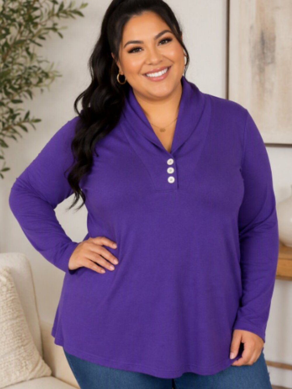 3/$25! NWT- Roman’s Purple V-Neck Shaw Collar Top with Button Detail- size 3X